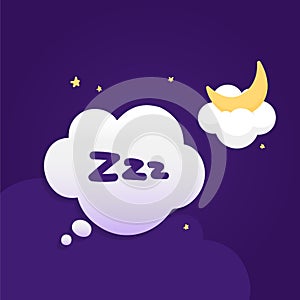 Vector illustration of sky at night and bubble with Zzz and moon on cloud photo